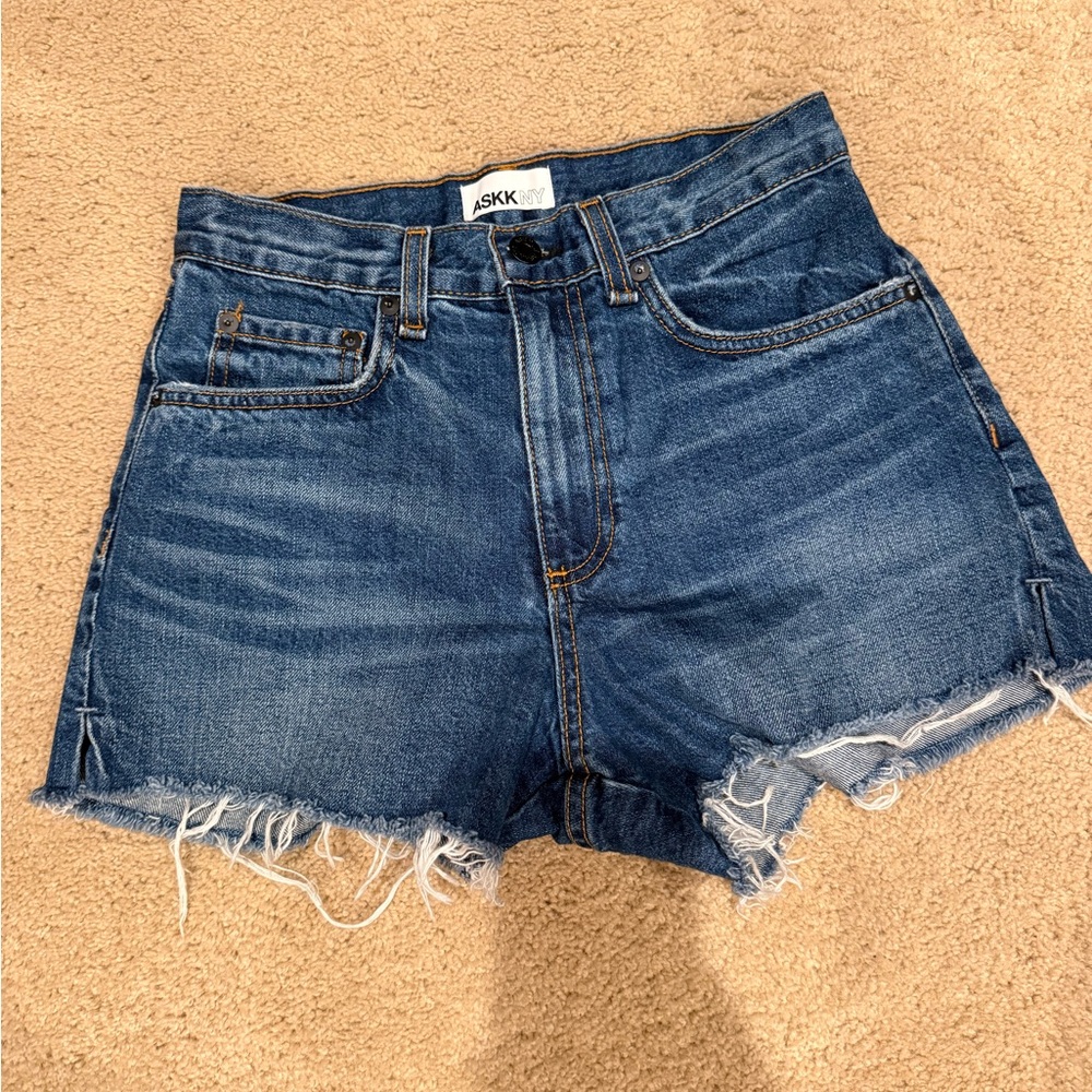 ASKK NY Distressed Raw Hem Denim Shorts - Blue Wash